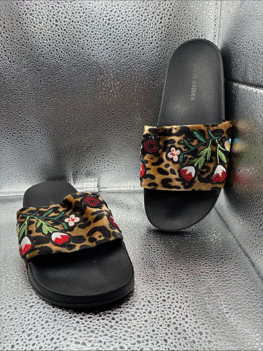 Steve Madden Leopard Embroidered Slide Sandals - Black/Tan/Red/Green - Picture 1 of 5